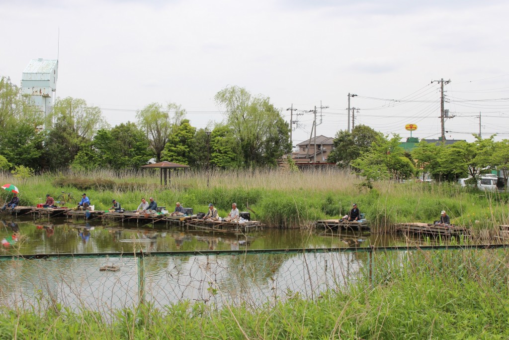 まこも池緑地と回転看板。