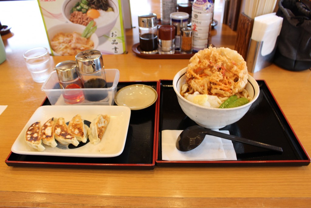 冷やしおろし天うどんと餃子。